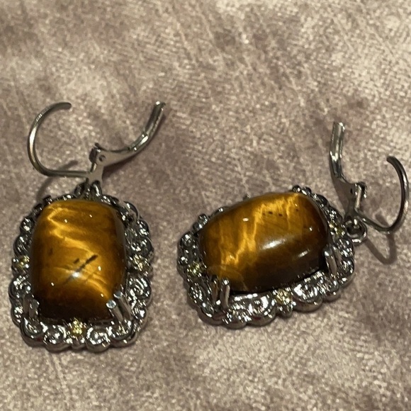South African Tiger’s Eye Earrings Picture Frame Setting Stainless Steel - Picture 4 of 9